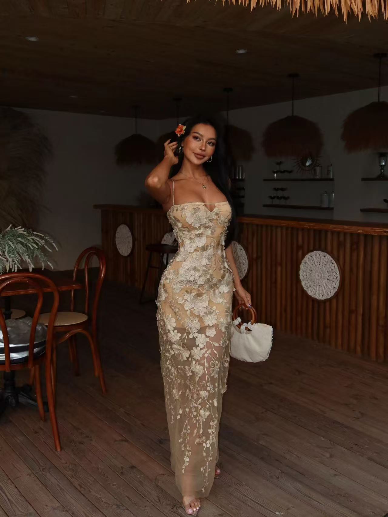 European and American hot girls wear detachable bra pads with 3D embroidered Monet garden dresses