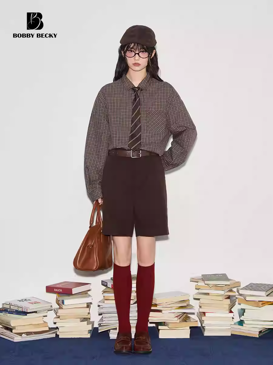 Retro, artsy H-shaped simple crew-neck cotton plaid shirt