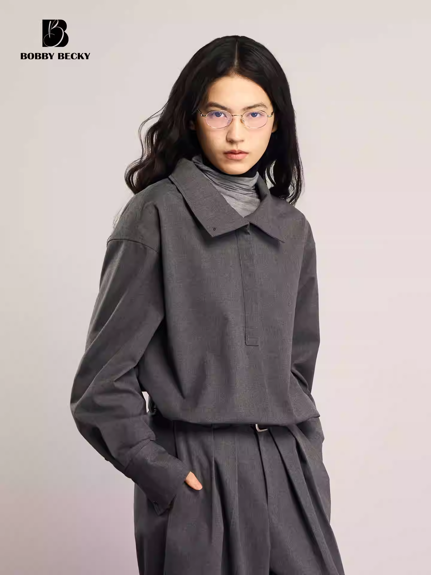 Retro minimalist woolen shirt with stand-up collar, versatile pleated woolen skirt