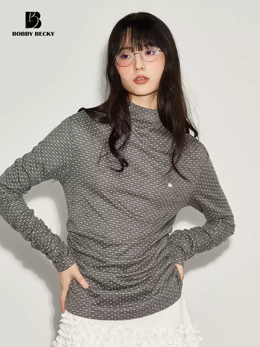 Retro long-sleeved inner layer with double-sided jacquard dot pattern, versatile half-high collar, waist-waisted polka-dot base layer