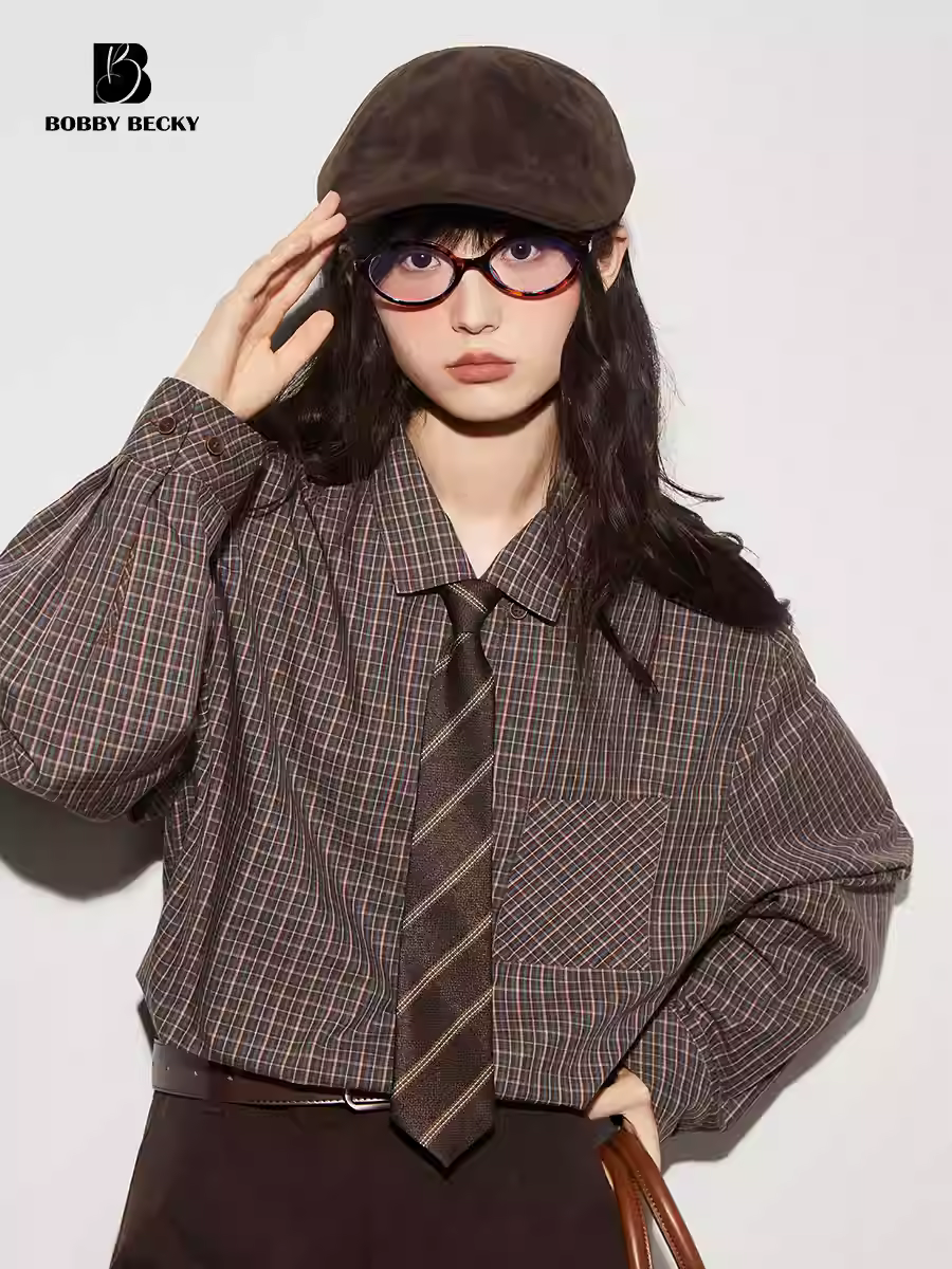 Retro, artsy H-shaped simple crew-neck cotton plaid shirt