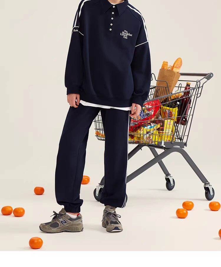 American Retro College Polo-neck Color-block Sweatshirt and Pants Women's Spring New Loose Fit Set