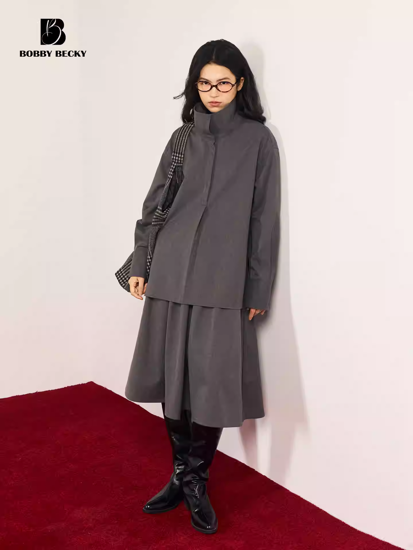 Retro minimalist woolen shirt with stand-up collar, versatile pleated woolen skirt