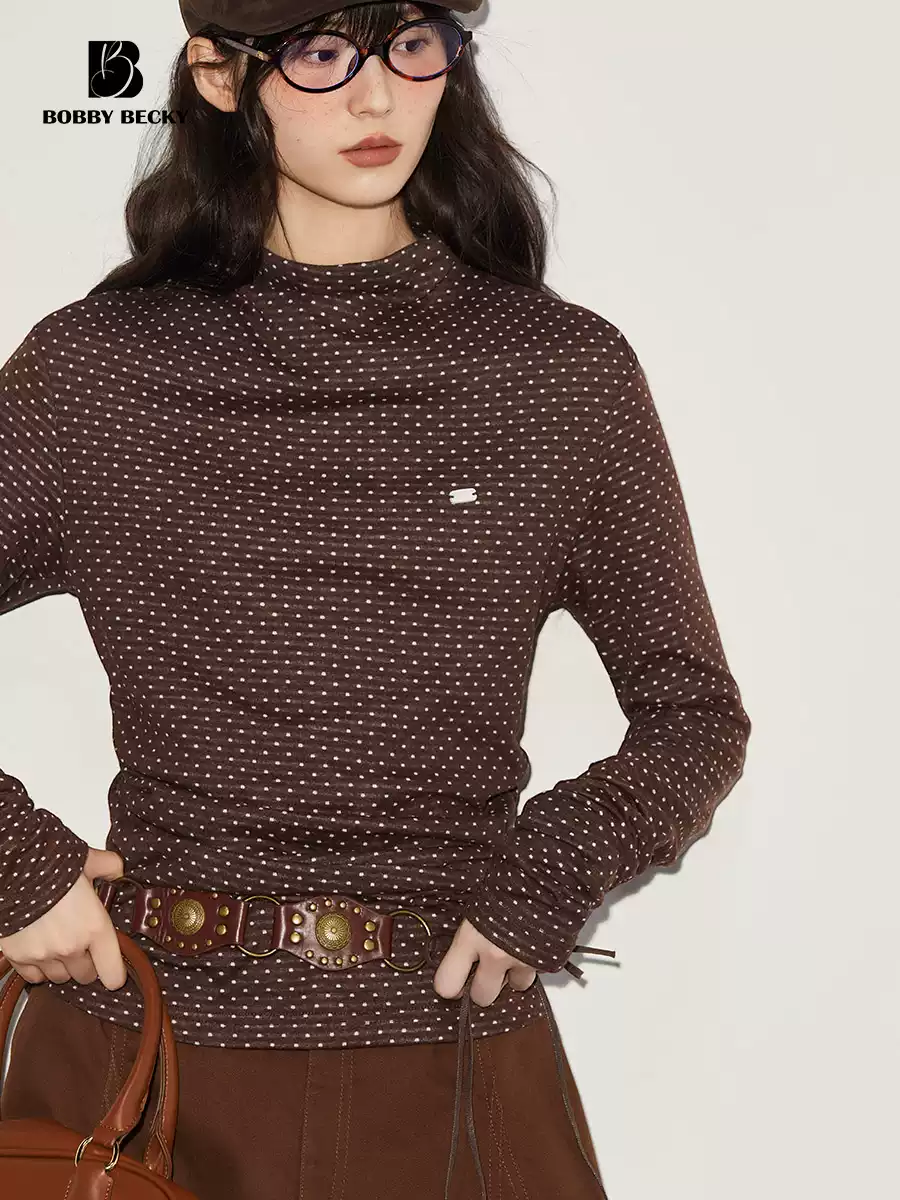Retro long-sleeved inner layer with double-sided jacquard dot pattern, versatile half-high collar, waist-waisted polka-dot base layer
