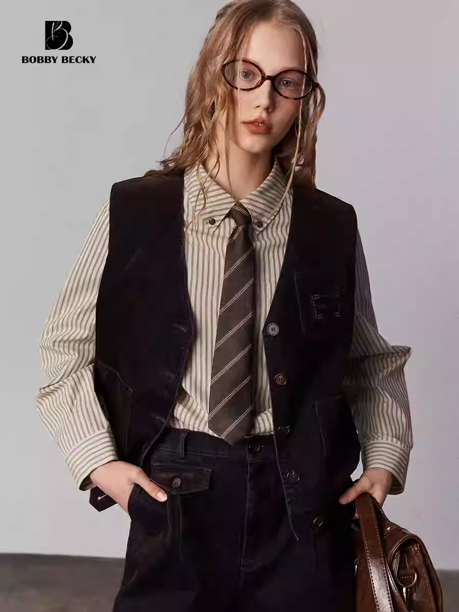 Flocked denim flight jacket, cutaway vest, classic five-pocket pants