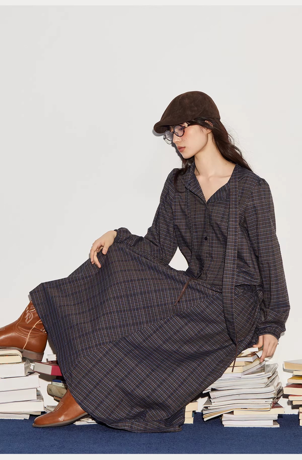 Plaid elegant ruffle-sleeved ribbon shirt and high-quality flared long skirt autumn outfit