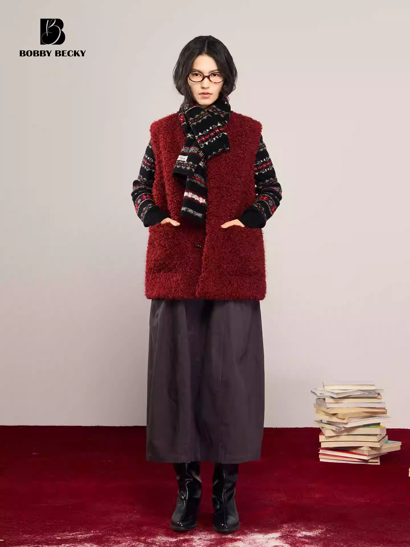 Retro, casual faux cashmere round-neck thermal vest, slung bag