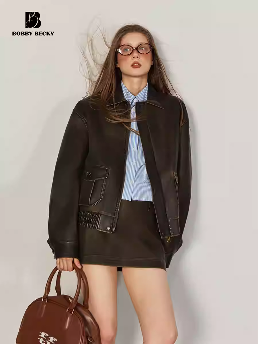 Wasteland windmill leather jacket, American retro jacket, PU slimming short skirt - feminine cute style
