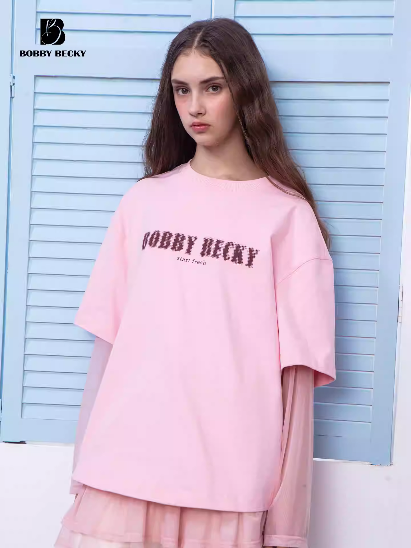 Retro, laid-back layered dress with mesh skirt hem and base layer - true two-piece set in pure cotton T-shirt