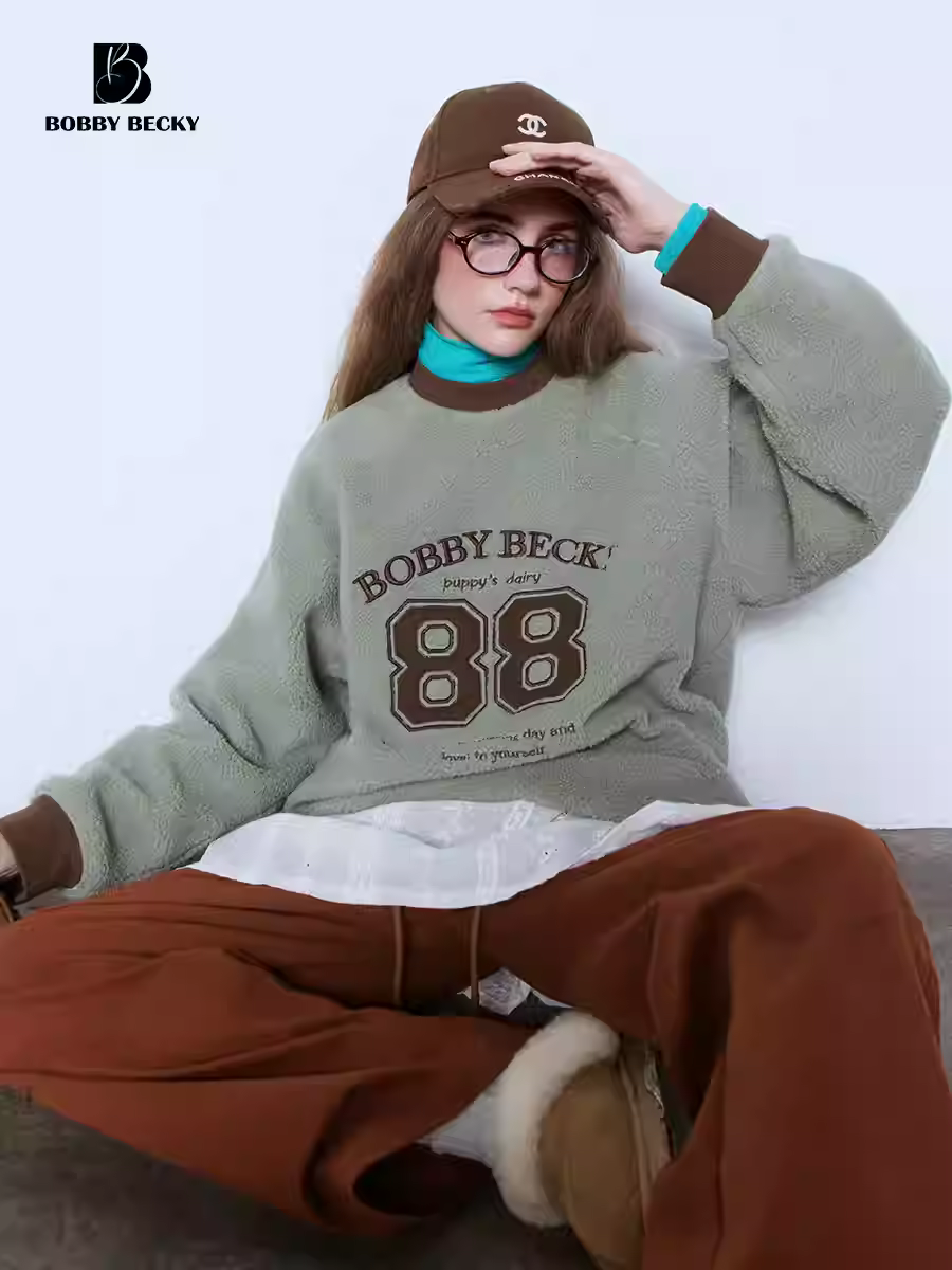 American retro round-neck cozy cashmere fleece college-style versatile hoodie