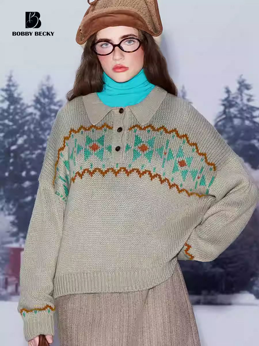 American Retro College Fair Isle Flower Christmas Atmosphere Original Embroidered Classic Polo Sweater