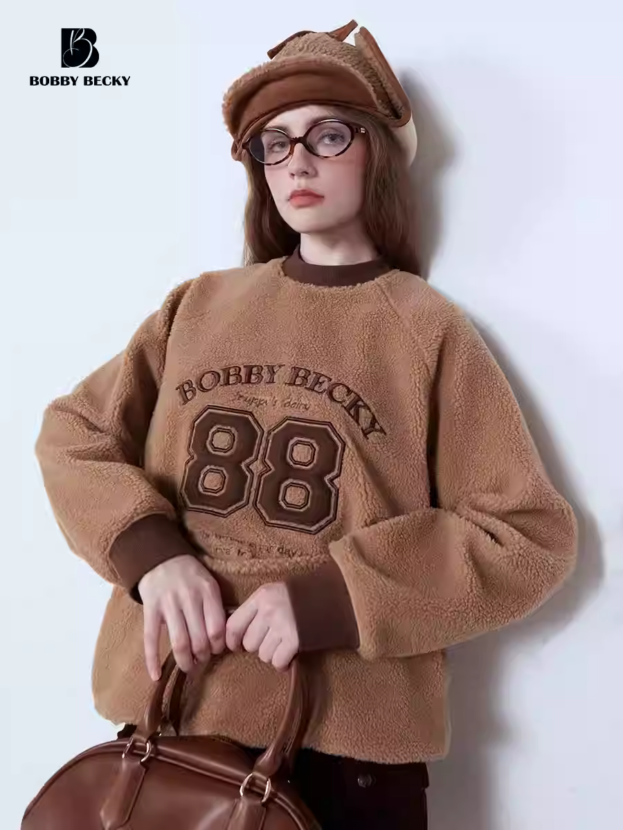 American retro round-neck cozy cashmere fleece college-style versatile hoodie